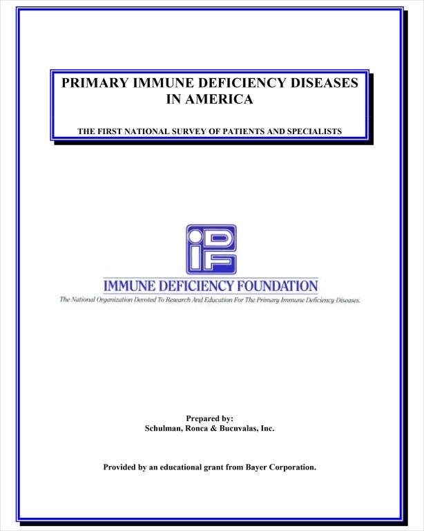 Cover of the report Primary Immune Deficiency Diseases in America: The First National Survey of Patients and Specialists (1995).
