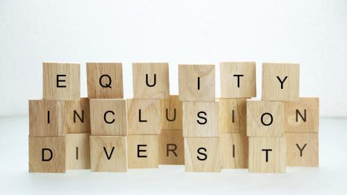 Equity, inclusion, and diversity spelled in wooden blocks.